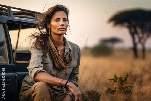 Woman in adventurer outfit on african safari. Sitting next to her off road car, blurred savanna background. Generative AI photo