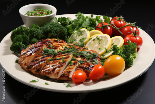 Tasty grilled chicken steak in a plate isolated on a black background photo