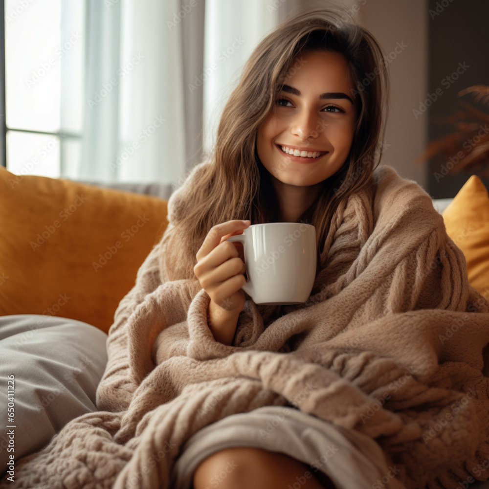 Cosy woman relaxing with a hot drink on a sofa - festive autumnal