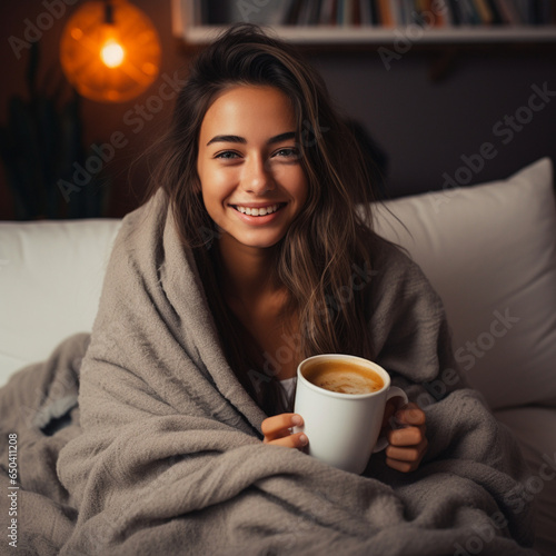 Cosy woman relaxing with a hot drink on a sofa - festive autumnal