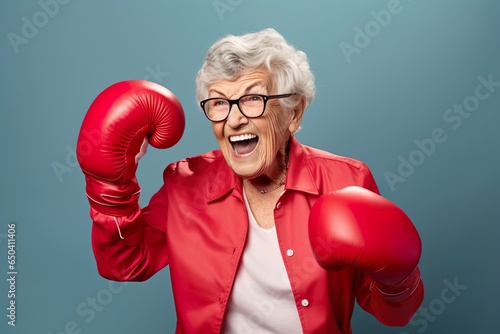 Elderly senior woman wearing red boxing gloves, confident smiling expression ready for fight. Wide banner copy space on side   Generative AI © Kay