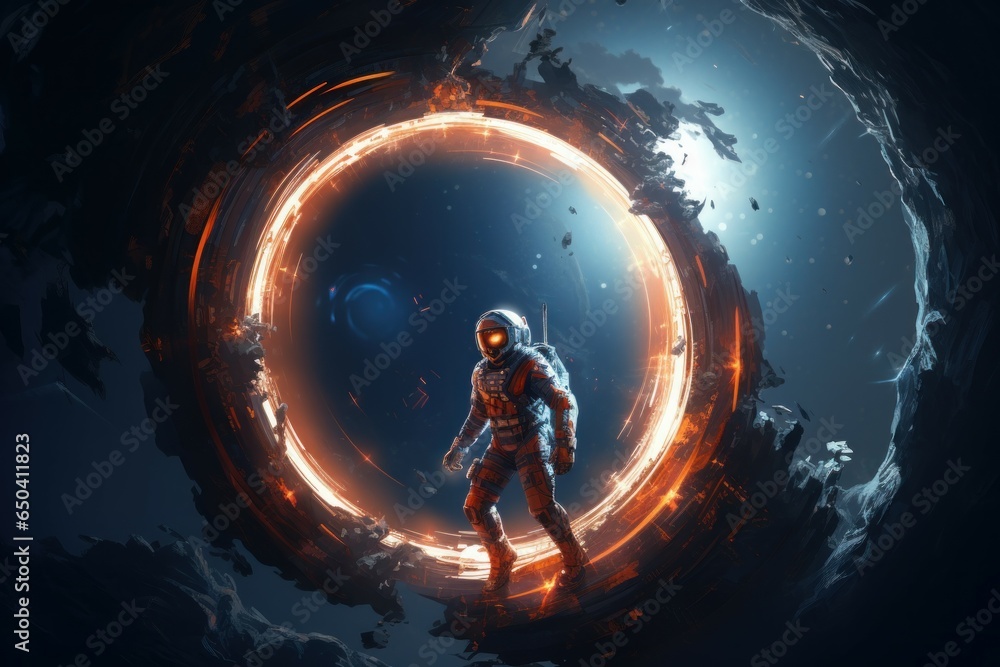 Mysterious Cosmonaut space portal. Galaxy fantasy. Generate Ai