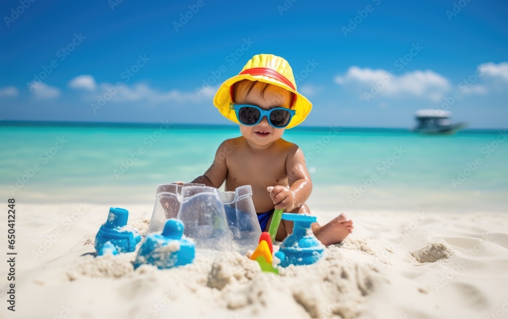 Funny cute toddler with sunglasses playing with toys on white sand beach. Generative AI Funny cute toddler with sunglasses playing with toys on white sand beach. Generative AI
