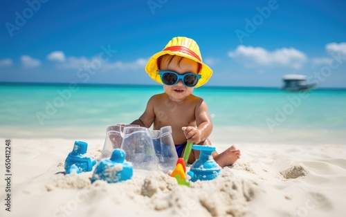 Funny cute toddler with sunglasses playing with toys on white sand beach. Generative AI
