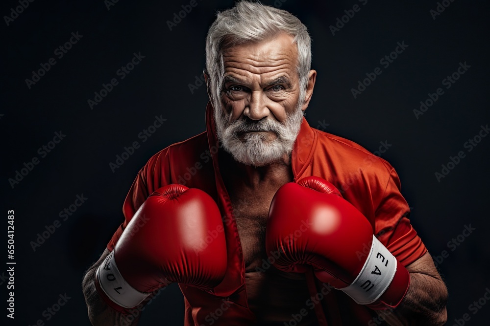 Elderly senior men wearing red boxing gloves, confident smiling expression ready for fight. Wide banner copy space on side | Generative AI