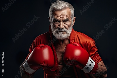 Elderly senior men wearing red boxing gloves, confident smiling expression ready for fight. Wide banner copy space on side   Generative AI © Kay
