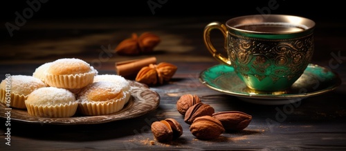 Arabic desserts and coffee on a traditional backdrop
