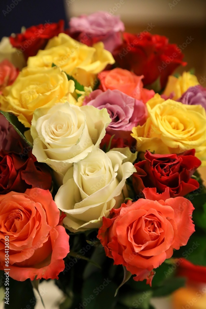 Vase filled with vibrant a bouquet of vibrant and colorful roses Vase filled with vibrant a bouquet of vibrant and colorful roses