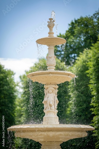 Picturesque fountain in a lush green park, surrounded by trees and foliage
