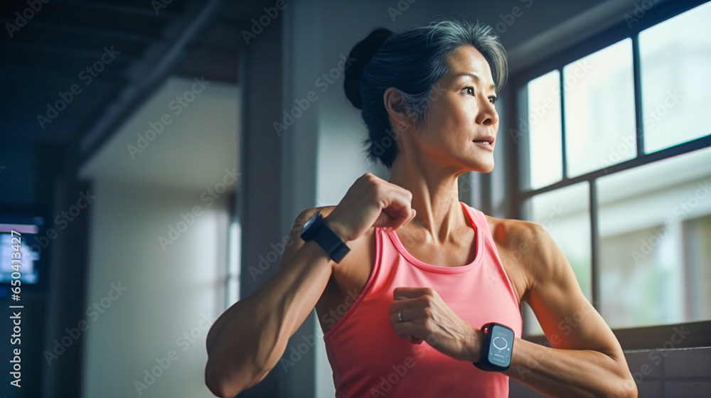 portrait of a happy middle aged asian woman doing workout at  the fitness studio - obrazy, fototapety, plakaty 