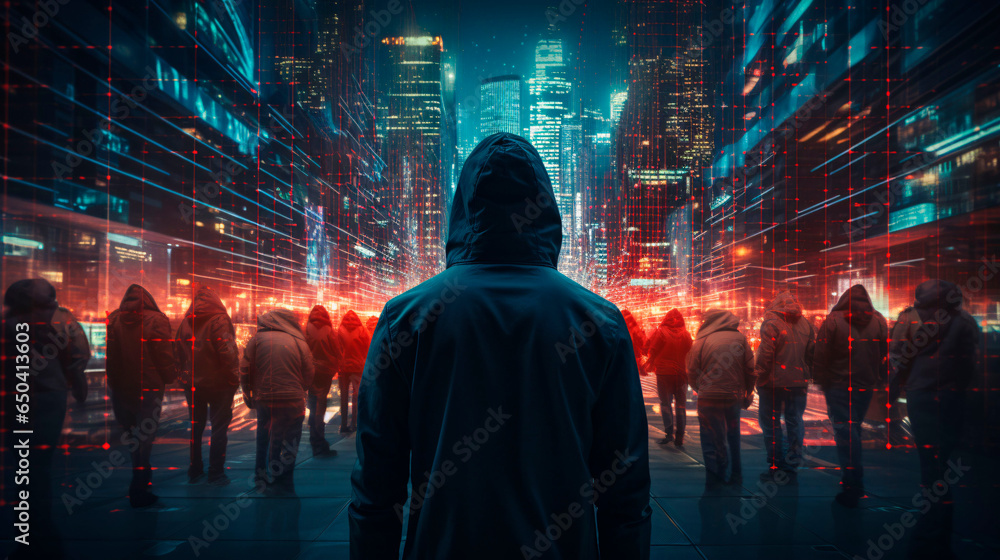 Anonymous hacker, surrounded by a network of glowing data. Cybersecurity, Cybercrime, Cyberattack. Generative AI	
