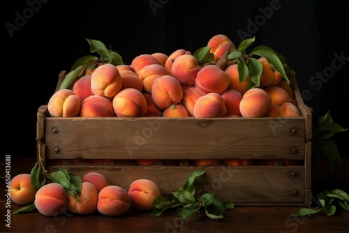 Aromatic Crate peaches dark room. Organic diet. Generate Ai