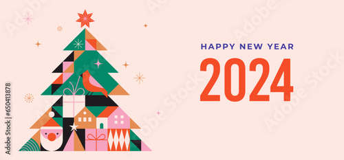 Christmas tree in modern minimalist geometric style. Colorful illustration in flat cartoon style. Xmas tree with geometrical patterns, stars and abstract elements