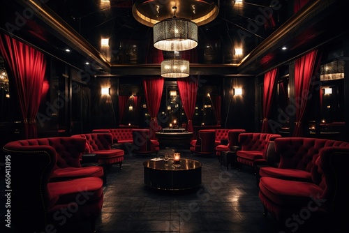 Comfortable Red Lounge Area, Dimly Lit