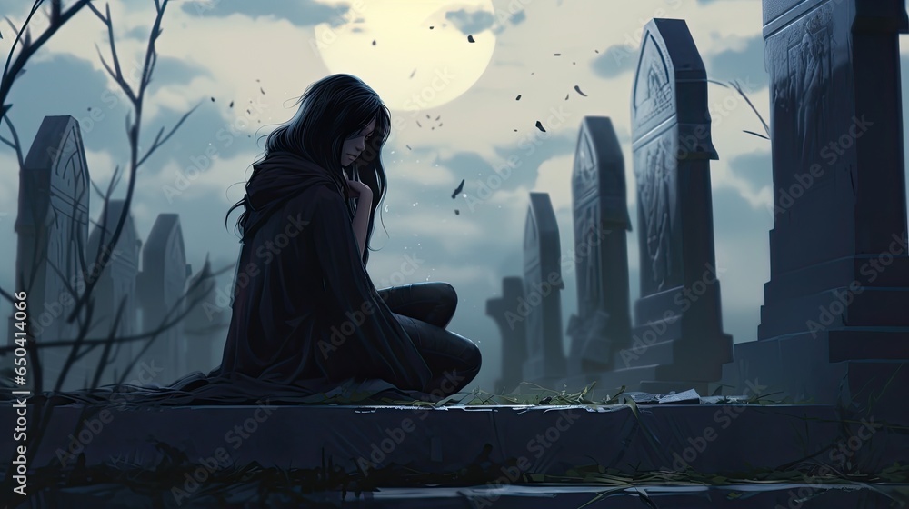 Solitary Woman Mourning at Graveyard Solitary Woman Mourning at Graveyard