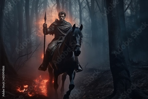 Knight Riding Horse through Fiery Forest, Dark and Gloomy