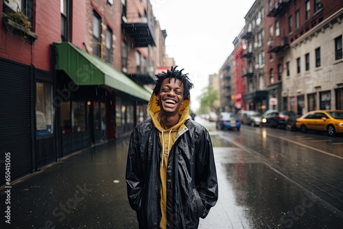 Young African American Man Smiling in Wet City Street