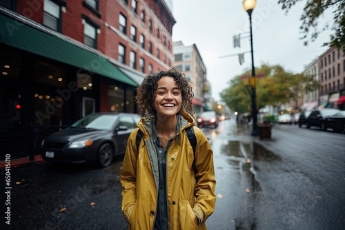 Cheerful Woman Smiling in the Rain on City Street