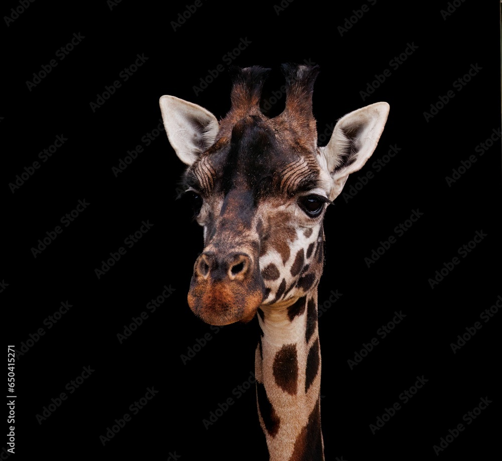 Close-up of a giraffe's head against a black background