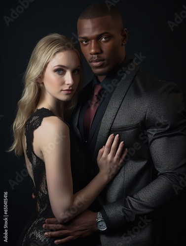 Interracial Couple Embracing in Studio Portrait