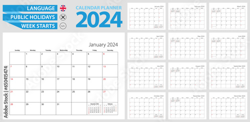 Wall calendar planner for 2024. English language, week starts from Sunday.
