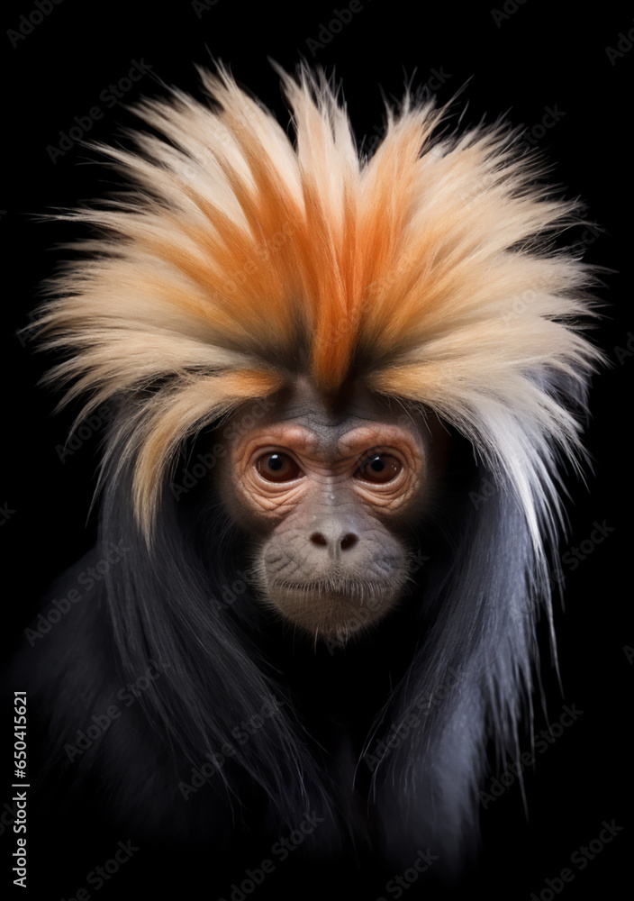 Delightful Monkey Captured with Its Wacky and Vibrant Orange and White Spiked Hair - Highlighting Nature's Humorous Side. Generative AI. Delightful Monkey Captured with Its Wacky and Vibrant Orange and White Spiked Hair - Highlighting Nature's Humorous Side. Generative AI.