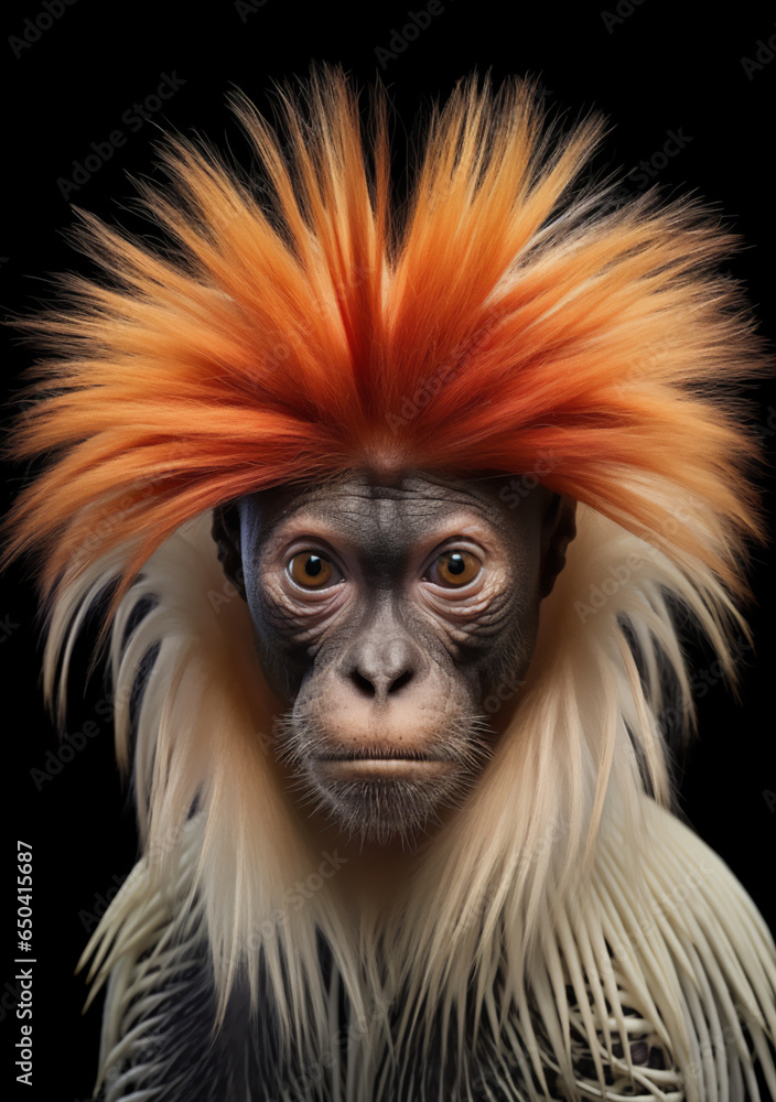 A Monkey's Comic Display of Crazy Spiked Orange Hair - Embracing Nature's Whimsical and Entertaining Moments. Generative AI. A Monkey's Comic Display of Crazy Spiked Orange Hair - Embracing Nature's Whimsical and Entertaining Moments. Generative AI.