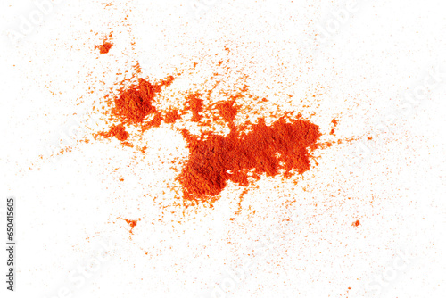 Pile of red paprika powder isolated on white, top view, clipping