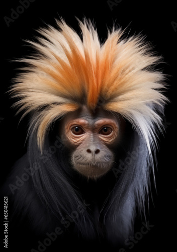 Delightful Monkey Captured with Its Wacky and Vibrant Orange and White Spiked Hair - Highlighting Nature's Humorous Side. Generative AI. © Modern Artizen