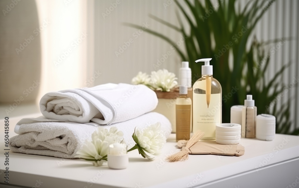 Towels with herbal bags and beauty treatment items setting in spa center. Generative AI