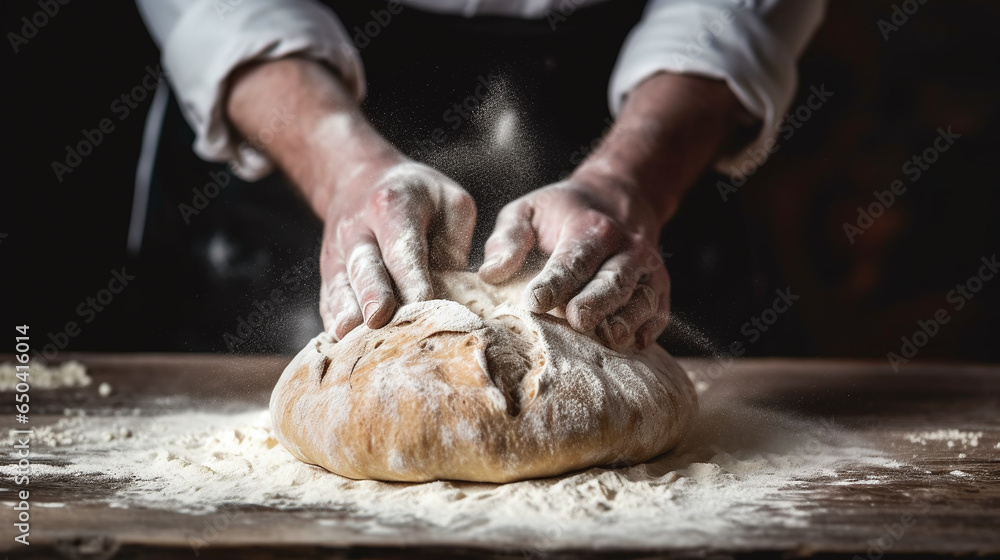 Close up of hands dust bread with flour while baking in bakery