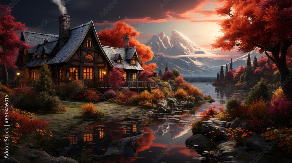 Obraz premium Autumn: Fall September, October and November Foliage, Tranquil Forests, and Countryside and Urban - Discover Vibrant Woodlands, Cozy Harvest Scenes, and Serene Halloween Adventure, Colorful Tree View