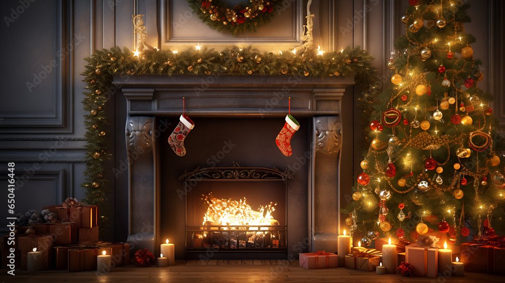 Christmas tree with decorations near the fireplace with lights and garland. Christmas background.