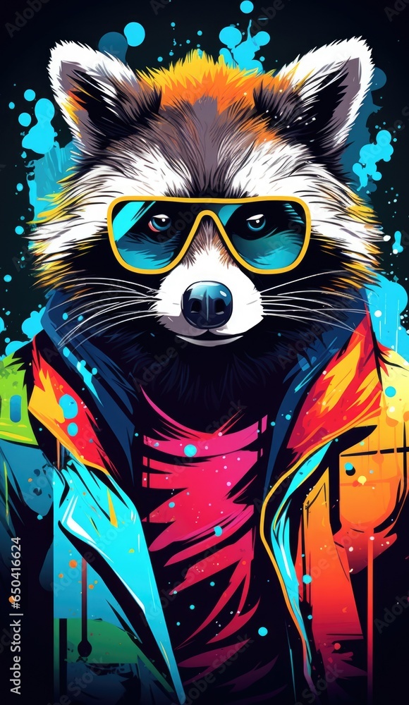 A raccoon wearing sunglasses and a jacket