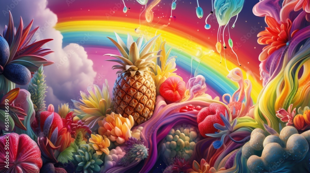 A painting of a pineapple surrounded by flowers A painting of a pineapple surrounded by flowers