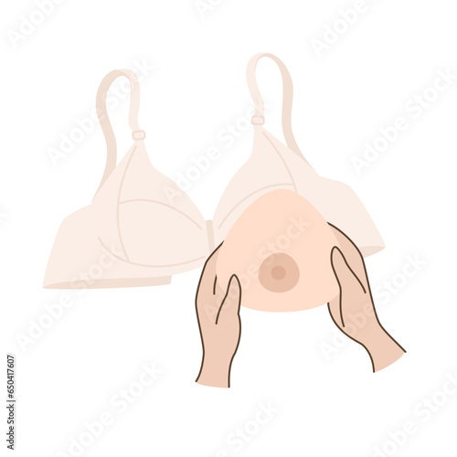 Hands holding Breast prosthesis. Breast prosthesis and post surgery bra for breast cancer patient after mastectomy. Vector illustration.