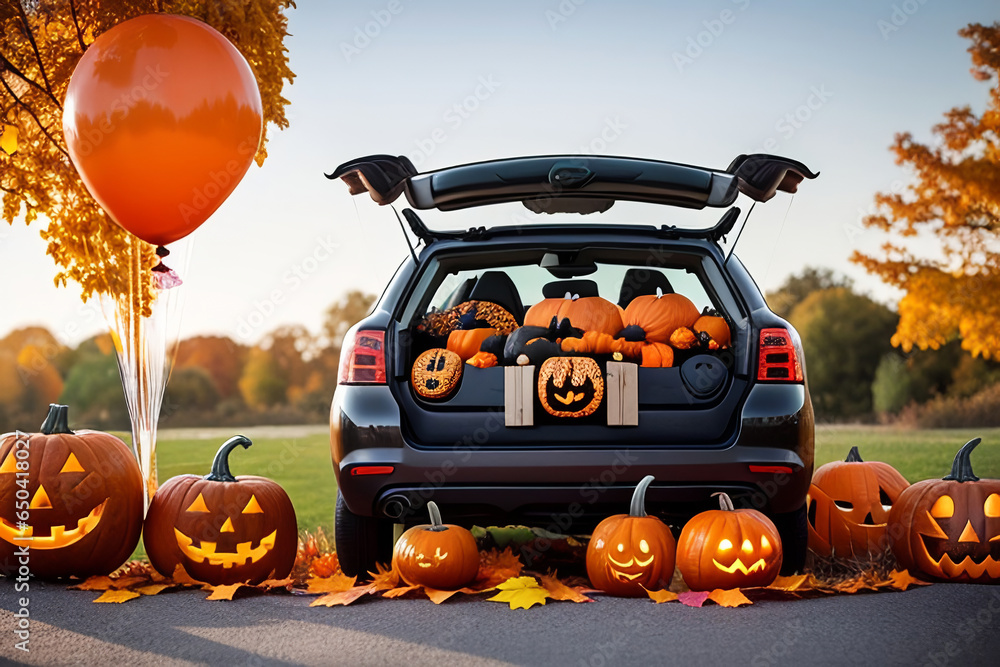 A large car decorated for Halloween with cobwebs, pumpkins, orange balloons and sweets. The concept of a creative outdoor event in autumn - obrazy, fototapety, plakaty 