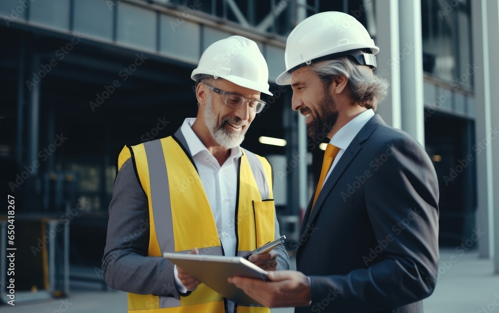 Two business partners in formal wear and with protective helmets on heads walking and talking about business. Generative AI Two business partners in formal wear and with protective helmets on heads walking and talking about business. Generative AI