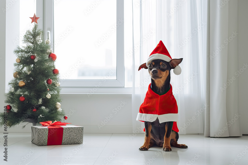 A small dog wearing a santa claus outfit next to a christmas tree ...