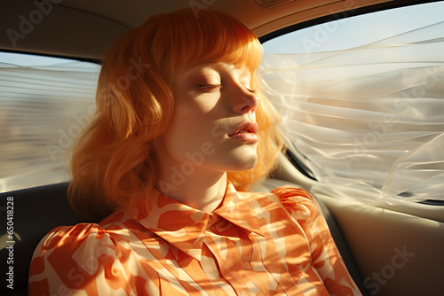 Generative AI illustration of attractive redhead female in orange shirt with eyes closed while sitting seat of retro vehicle on summer day