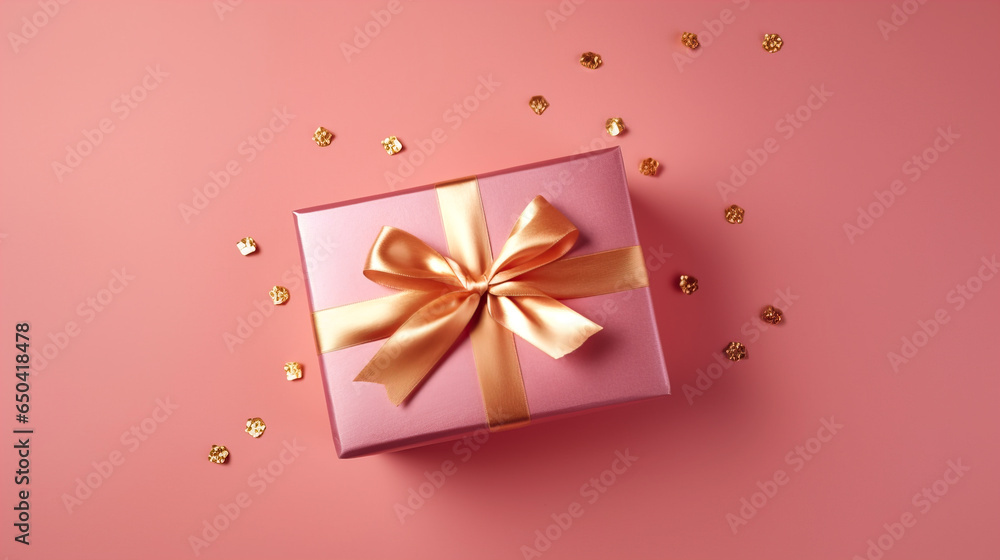 © ADDICTIVE STOCK - Generative AI illustration of pink gift with bright orange bow and ribbon placed on pink background near confetti