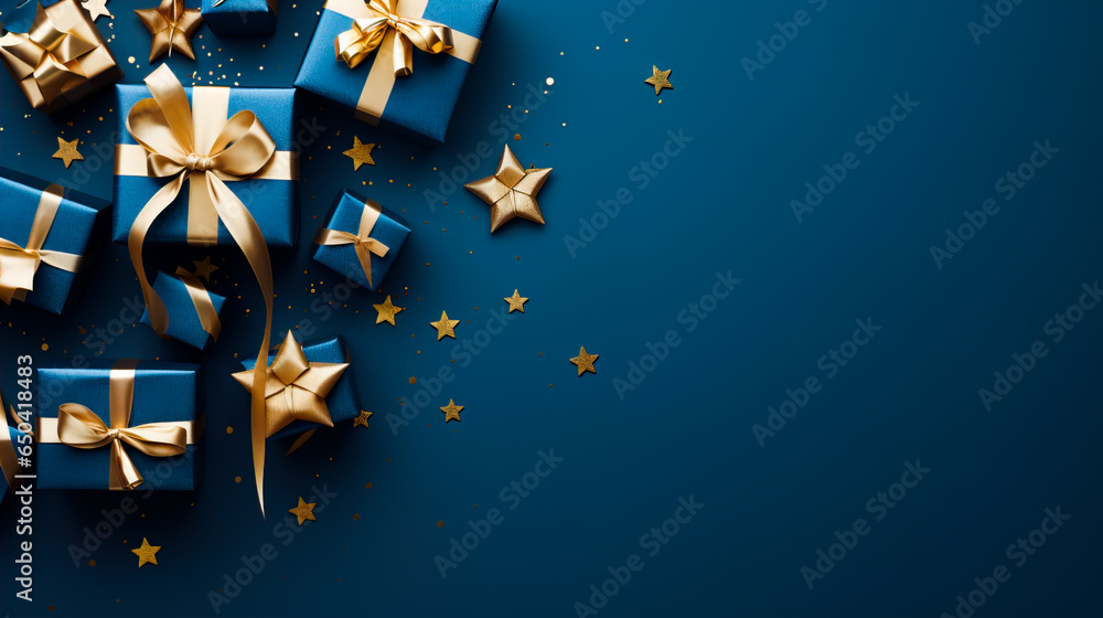 custom made wallpaper toronto digitalGenerative AI illustration of blue gifts with golden bows and ribbons placed on blue background near stars