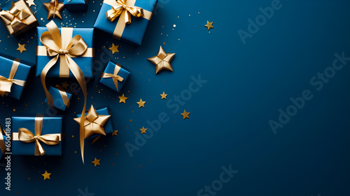 Generative AI illustration of blue gifts with golden bows and ribbons placed on blue background near stars photo