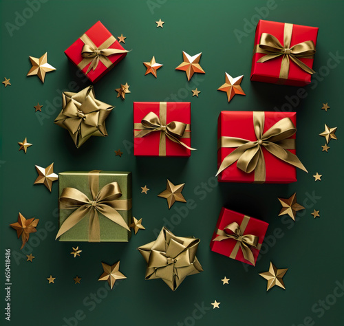 Generative AI illustration of red and green gifts with golden bows and ribbons placed on green background near stars photo