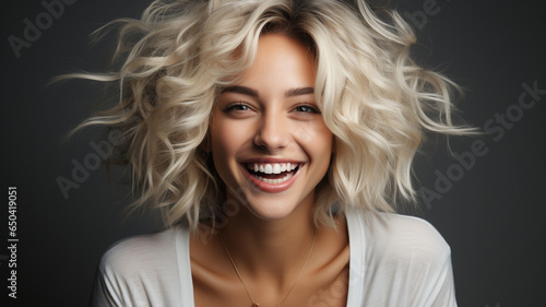 portrait of beautiful young woman with curly hairstyle and blond hair.