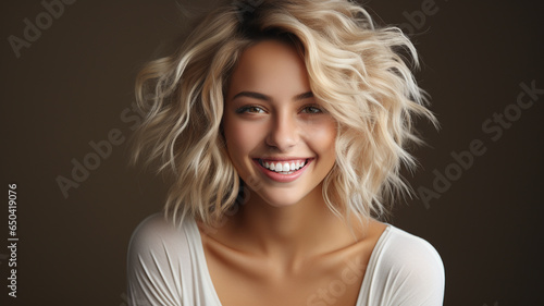 portrait of beautiful young woman with curly hairstyle and blond hair.