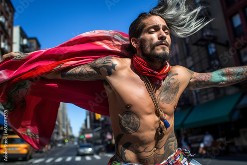 Generative AI illustration from below of Young tattooed chicano with a bare torso holding a flag looking at the camera in town blurred background photo