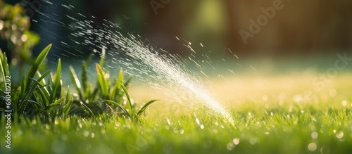 Automated irrigation system watering lawn Focused on green grass