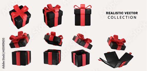 Black realistic 3d gift boxes with rad bow set. Holiday open surprise box. Realistic vector for Black Friday.