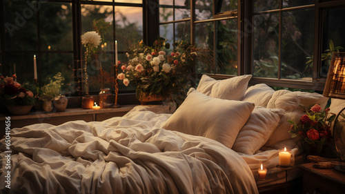 interior of cozy bedroom with candles and flowers